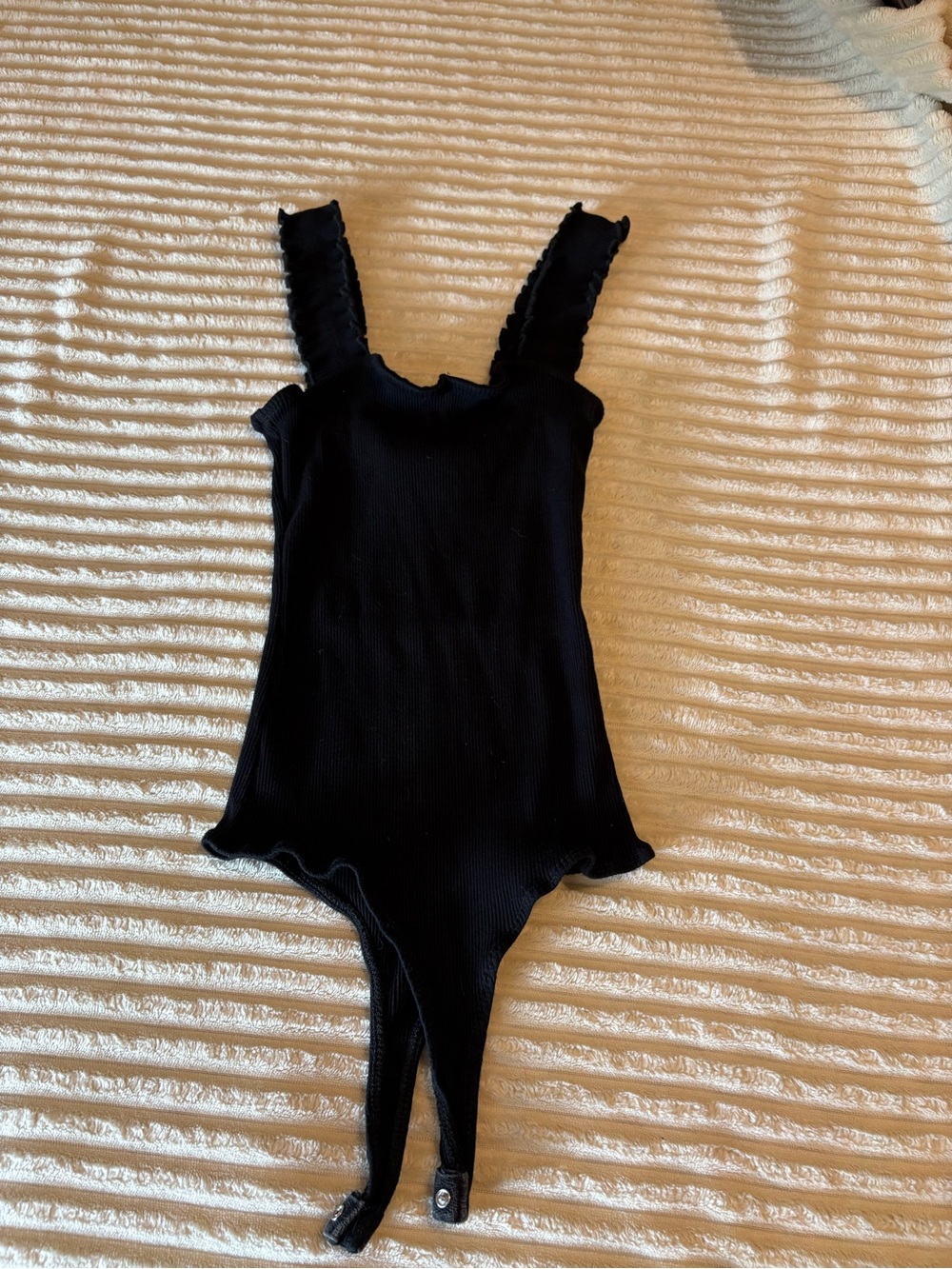Alya Black Ribbed Ruffle-Strap One-Piece Bodysuit